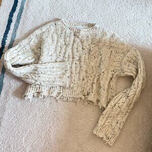 Zara Girls (or Women's Small) Ecru Distressed Cable Knit Cropped Sweater